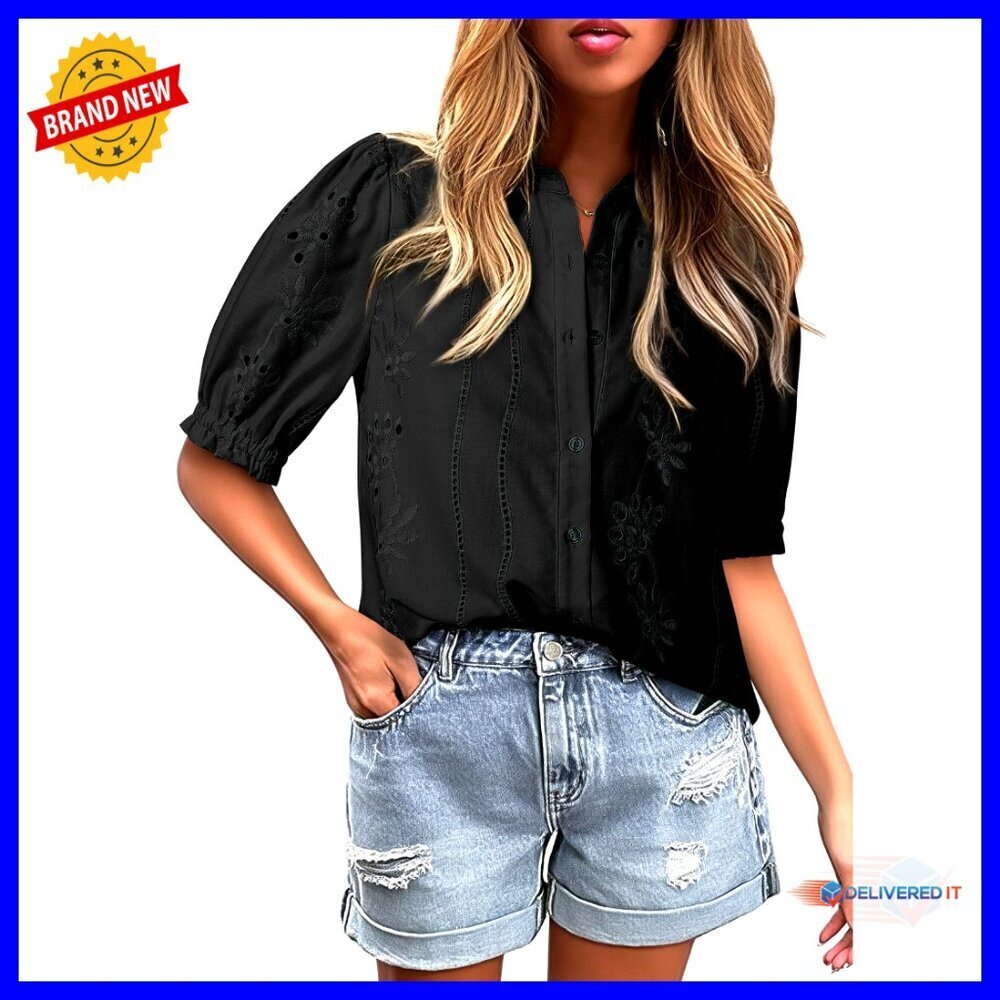 V Neck Short Sleeve Button Up Hollow Out Lace Embroidered Blouse Chic Casual